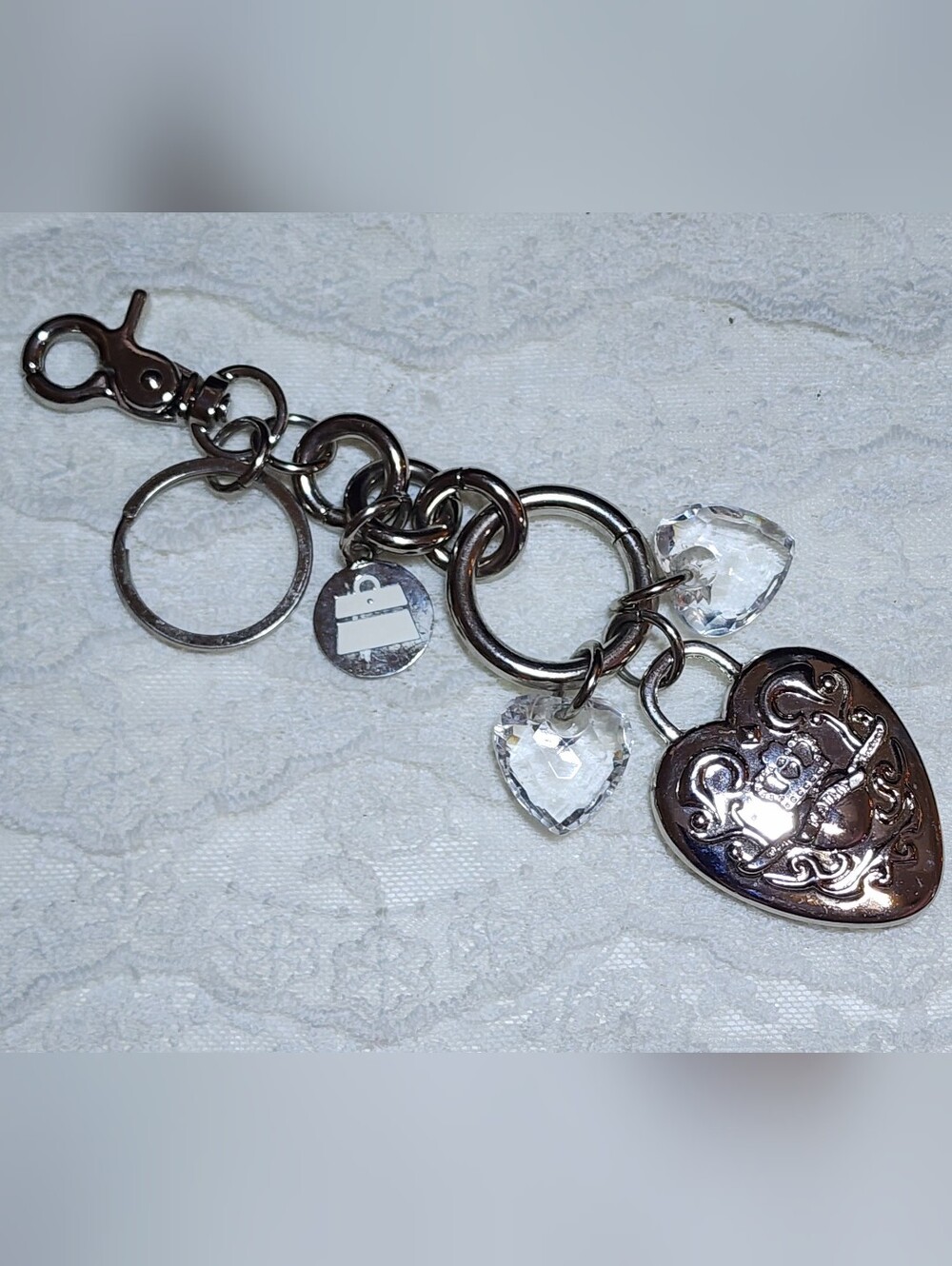 Silver Toned Heart Charm Keychain with Clear Crystal Hearts